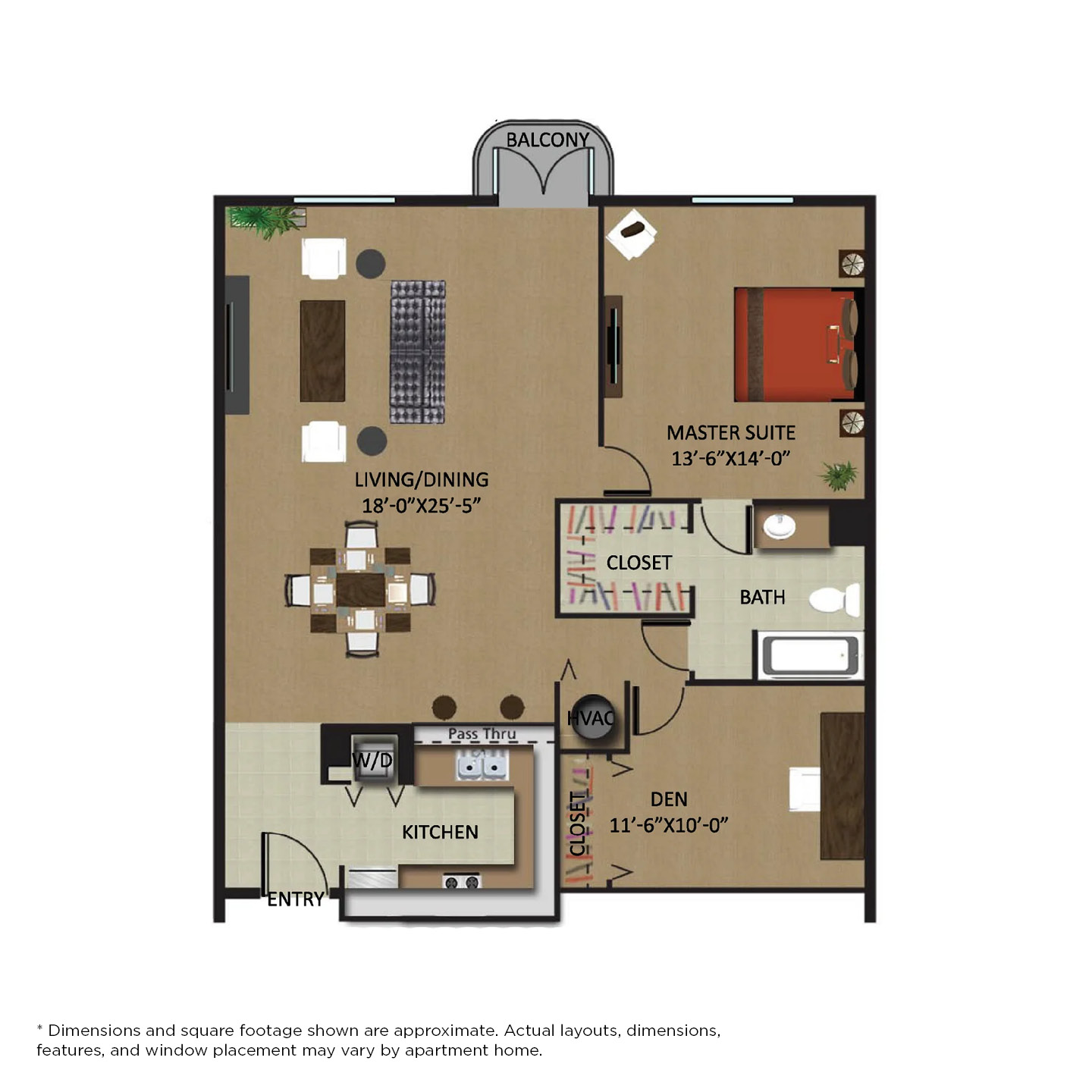 Floor plan for 1 bed, 1 bath, 1048 sqft